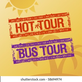 Hot tour rubber stamps set on a beach background