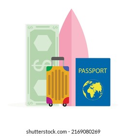 Hot tour summer concept, vacation with surfing. Vector illustration. Voyage active swim, extreme lifestyle, sunny summer tour, island journey, surfboard season, saved cash, weekend suitcase