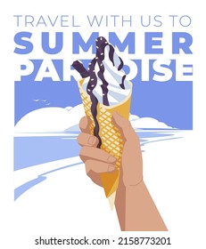 HOT tourist tropical season. Man's hand with ice cream on a blue sea background. Web banner with text. Flat vector illustration