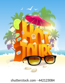Hot tours vector design against tropical beach with palms backdrop
