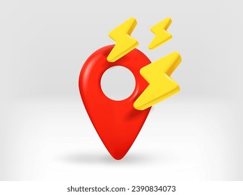 Hot travel concept with location pin and thunderbolts. 3d vector illustration