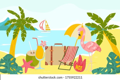 Hot travel tour, trip around world earth pink flamingo stay beach chair and palm tree cartoon vector illustration. Concept suitcase excursion, sailing yacht background and coconut smoothie.