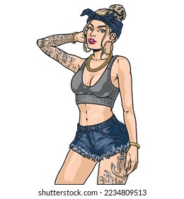 Chica de moda caliente emblema colorido estilo urbano señora hipster con atrevidos tatuajes en shorts y tanques arriba ilustración vectorial