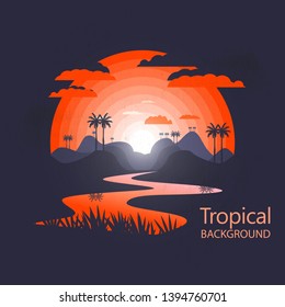 Hot Tropical Landscape Icon.River On The Sunset.Negative Space Illustration