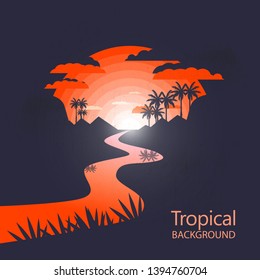 Hot tropical landscape icon.River on the sunset.Negative space illustration