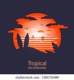 Hot tropical landscape icon.Surfboards near beach.Negative space