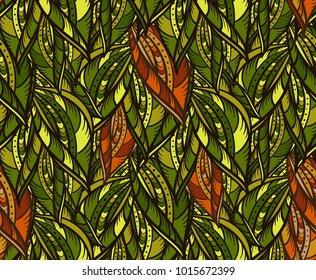 Hot tropical leaves forming a vector seamless pattern 