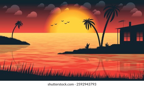 Hot tropical resort evening seascape. Silhouette images of bungalows, palm trees, grass on the shores of the bay against the background of sunset, sky with clouds, flying birds. Vector.