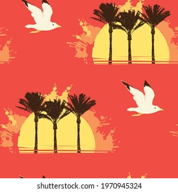 Hot tropical seamless pattern with big sun, silhouettes of palm trees and flying seagulls on a red backdrop. Repeating vector background on the theme of summer holidays at the sea