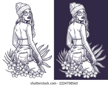 Hot tropical woman monochrome emblem leaves plants from exotic islands and girl in shorts and bra for beach vector illustration