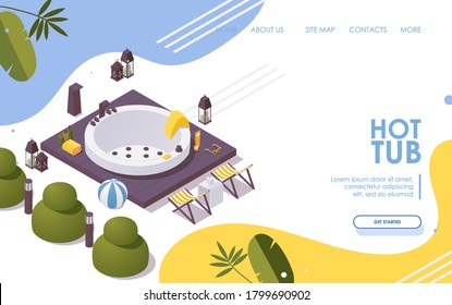 Hot tub landing page isometric. Vector concept scene with greenery trees and empty bathtub.