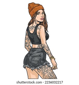 Hot urban girl colorful sketch belle with long hair and tattoos in youth clothes poses for street magazine vector illustration
