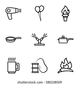 hot vector icons. Set of 9 hot outline icons such as chili, hair dryer, balloon, pan, watering system, mug, smoking can