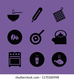 hot vector icons set. with hot coffee, soup, oven mitts and coffee beans in set