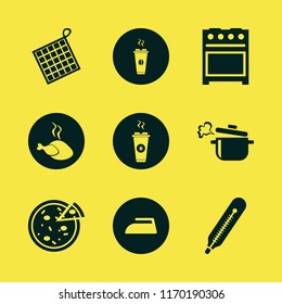 hot vector icons set. with hot coffee, boiled pan, iron and oven mitts in set