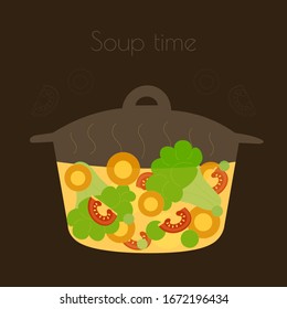 hot vegetable soup with broccoli, tomatoes and carrots in a transparent glass pan on a brown background.
