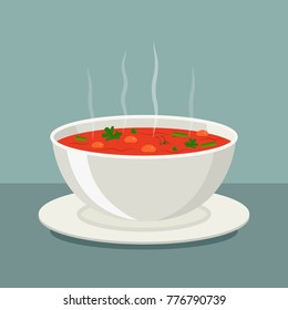 Hot vegetable soup in white dishes. vector illustration isolated.