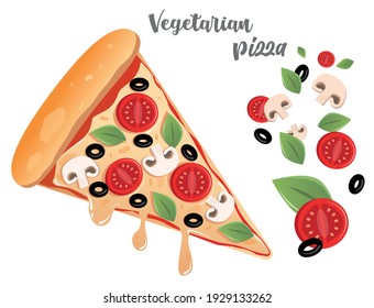 Hot vegetarian pizza slice on white  background. Pizza with tomato, basil leaves, black olives, mushrooms and mozzarella cheese. Hot pizza with vegetables isolated on white background.