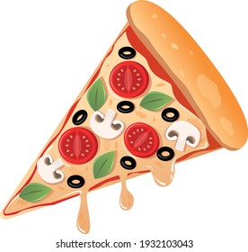 Hot vegetarian pizza slice on white  background. Pizza with tomato, basil leaves, black olives, mushrooms and mozzarella cheese. Hot pizza with vegetables isolated on white background.