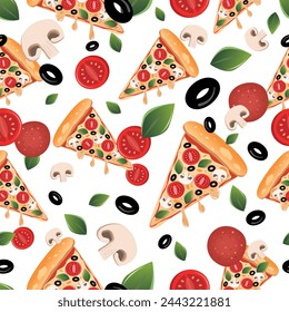 Hot vegetarian pizza slices and ingredients seamless pattern. Italian food. Pizza with tomato, basil leaves, black olives, mushrooms and mozzarella cheese. Hot pizza. isolated on white background