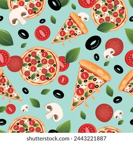 Hot vegetarian pizza slices and ingredients seamless pattern. Italian food. Pizza with tomato, basil leaves, black olives, mushrooms and mozzarella cheese. Hot pizza. isolated on white background