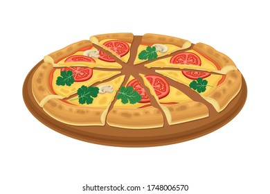 Hot Vegetarian Sliced Pizza with Greenery and Tomatoes Rested on Wooden Plate Vector Illustration