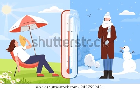 Hot versus cold weather. Woman with umbrella and hand fan and young girl in warm clothes at snowy weather. Comparsion of different climates and seasons. Cartoon flat vector illustration