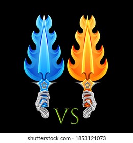 Hot Vs Cold Sword Illustration, Blue And Red Or Fire And Water, Eps 10 Vector.