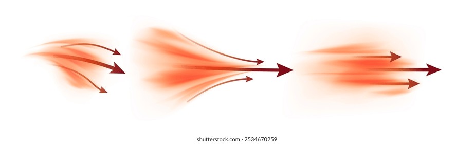 Movimiento de flujo de aire caliente o caliente con flechas que muestran la dirección del movimiento. Predicción de Clima. Efecto borroso. Masa de aire, fuerza o movimiento de energía. Ilustración vectorial aislada sobre fondo blanco.