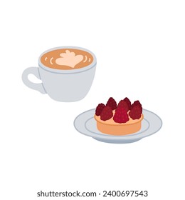 Hot warm drink with sweet pie. Coffee cappuccino or latte and dessert tartlet with raspberries. Fresh berry bakery served on plate. Flat vector illustration isolated on white background