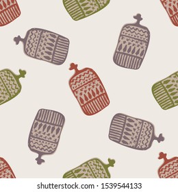 Hot Water Bottle Winter Warmer Seamless Pattern. Nordic Knitting Style Holiday background with Hand Drawn Doodle for Get Well Soon Concept. Scandi Hygge Warm Up Motif. Scandinavian style Vector EPS10