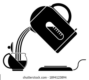 Hot water from electric kettle is poured into tea brewing vessel. Preparing hot, invigorating drink. Black and white vector