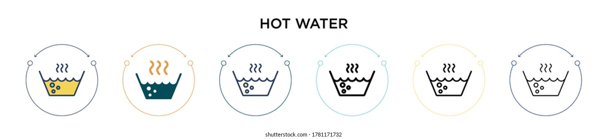 Hot water icon in filled, thin line, outline and stroke style. Vector illustration of two colored and black hot water vector icons designs can be used for mobile, ui, web