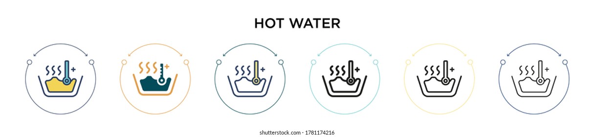 Hot water icon in filled, thin line, outline and stroke style. Vector illustration of two colored and black hot water vector icons designs can be used for mobile, ui, web