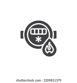 Icono vectorial del medidor de agua caliente. signo plano relleno para concepto móvil y diseño web. Contador de agua y caída con icono de glifo de llama. Símbolo, ilustración del logotipo. Gráficos vectoriales