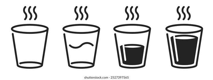 Taza de agua caliente icono de vidrio Vector simple conjunto de ilustración gráfica línea de golpe conjunto, taza de bebida caliente hirviendo ui info signo símbolo con humo vapor silueta aislada corte de arte de Clip de Imagen 