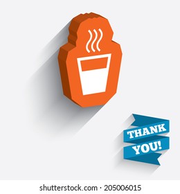 Hot water sign icon. Hot drink glass symbol. White icon on orange 3D piece of wall. Carved in stone with long flat shadow. Vector