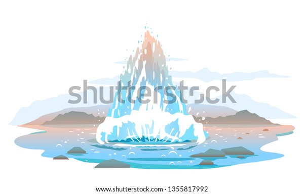 Hot water steam spraying out from under the\
ground, rare natural phenomena geyser activity illustration,\
interesting tourist places