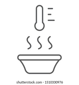 Hot water thin line icon, apparel and temperature, thermometer and basin sign, vector graphics, a linear pattern on a white background, eps 10.