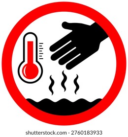 Hot water warning sign, be careful, don't touch, risk of scalding forewarn symbol. Abstract security caution emblem for air con, cooling system, ac thermostat, too hot car radiator etc. Vector red alert pictogram of hot water and steam, keep out please.