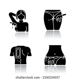 Hot waxing drop shadow black glyph icons set. Armpit, buttocks, back, bikini hair removal. Cold wax strips. Body hair depilation. Professional beauty treatment cosmetics. Isolated vector illustrations