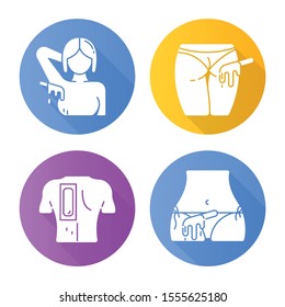 Hot waxing flat design long shadow glyph icons set. Armpit, buttocks, back, bikini hair removal. Body hair depilation. Professional beauty treatment cosmetics. Vector silhouette illustration