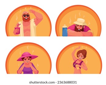 Hot weather 2x2 flat set of people suffering from heat wave stoke in very hot temperature isolated vector illustration