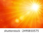Hot weather background. Abstract orange sun background. Summer heat warning background. Sunrise, sunset orange background with realistic sun lens flare