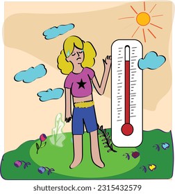 Hot weather concept stock illustration. Hand drawn summer heat illustration with person and thermometer