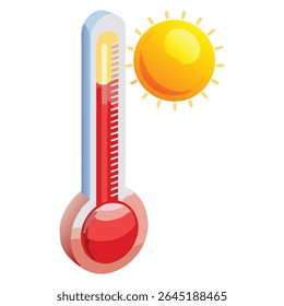 Hot weather concept with thermometer and sun indicating high temperature summer heatwave climate change