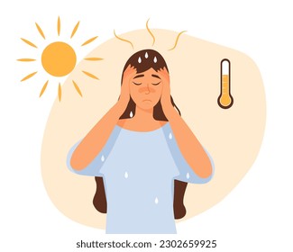 Hot weather concept. Woman stands in blue Tshirt under sun and sweats next to thermometer. hot summer day, sunstroke. Sweat, perspire, headache and dehydration. Cartoon flat vector illustration