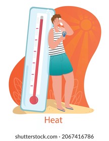 Heißes Wetterkonzept. Der junge Mann steht neben dem großen Thermometer, hält einen Ventilator und wischt Schweiß aus dem Gesicht. Hitze oder hohe Lufttemperatur. Sommersaison. Cartoon, moderne, flache Vektorgrafik