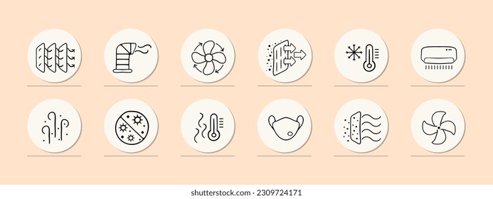 Juego de iconos de enfriamiento del clima caliente. Refrescantes soluciones para los días de quemado. El concepto frío. Fondo de color Pastel. Icono de línea de vector para empresas