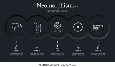 Hot Weather Cooling Icon Set. Refreshing breeze, cooling fans, ice cubes, chilled beverages. Summer heat relief concept. Neomorphism style. Vector line icon for Business